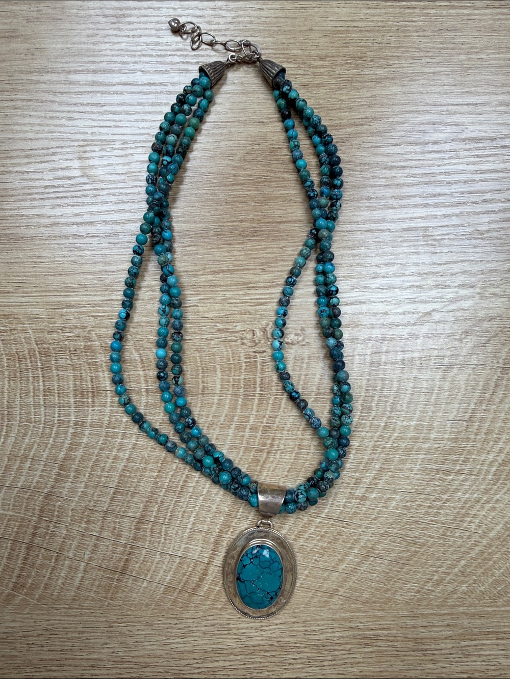Turquoise Multi-Strand Bead and Sterling Necklace with Oval Turquoise Pendan